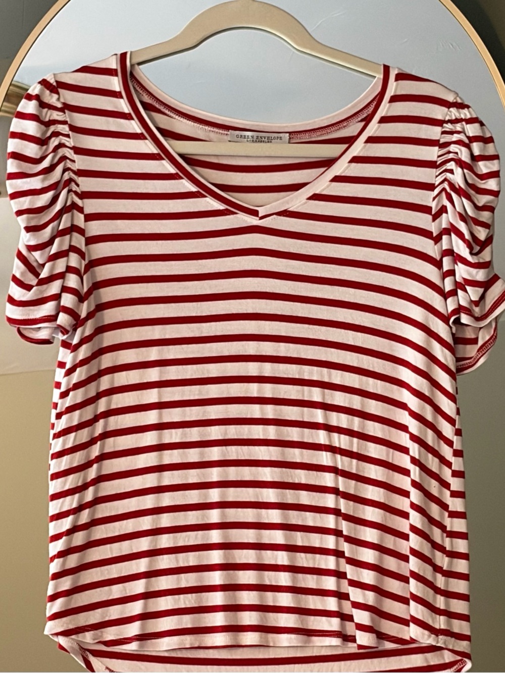 Green Envelope Red & White Striped V-Neck Puff Sleeve Tee